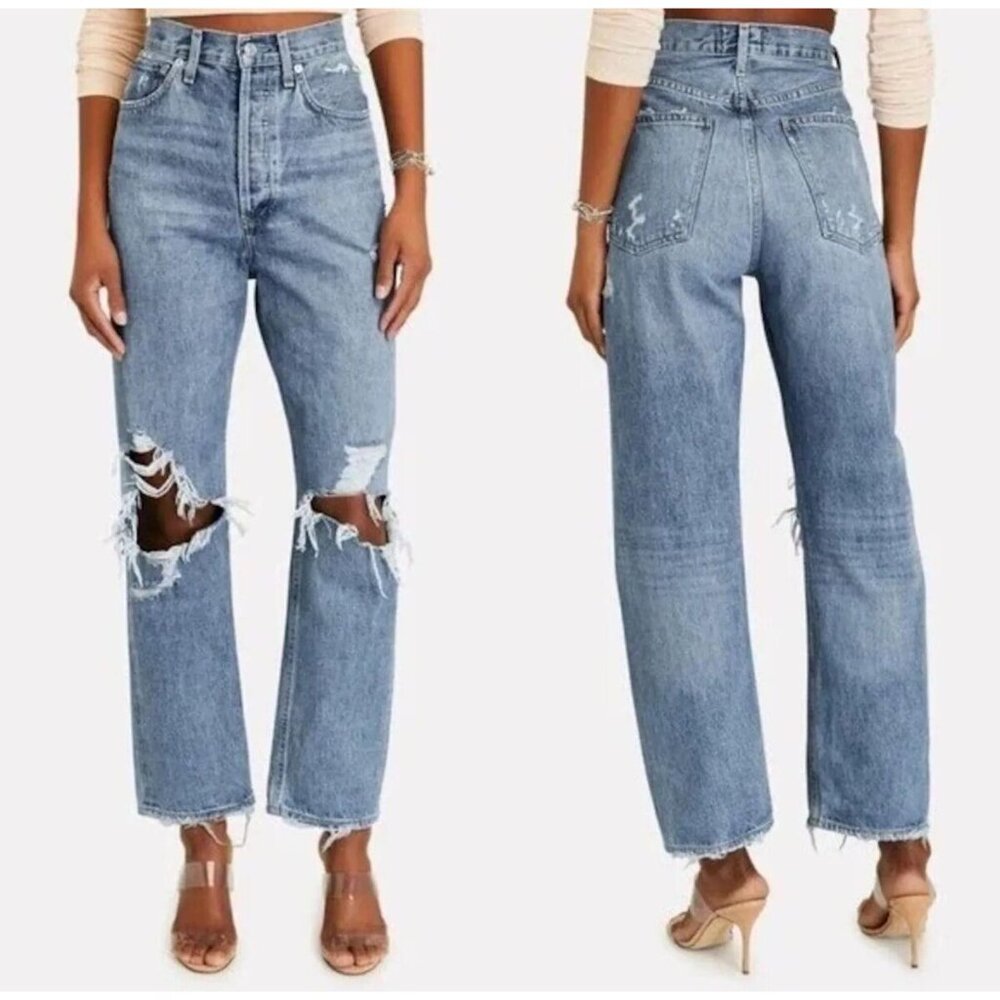 Agolde Women's‎ 27 90s Mid Rise Loose Fit Distressed Light Wash Button Fly Jeans